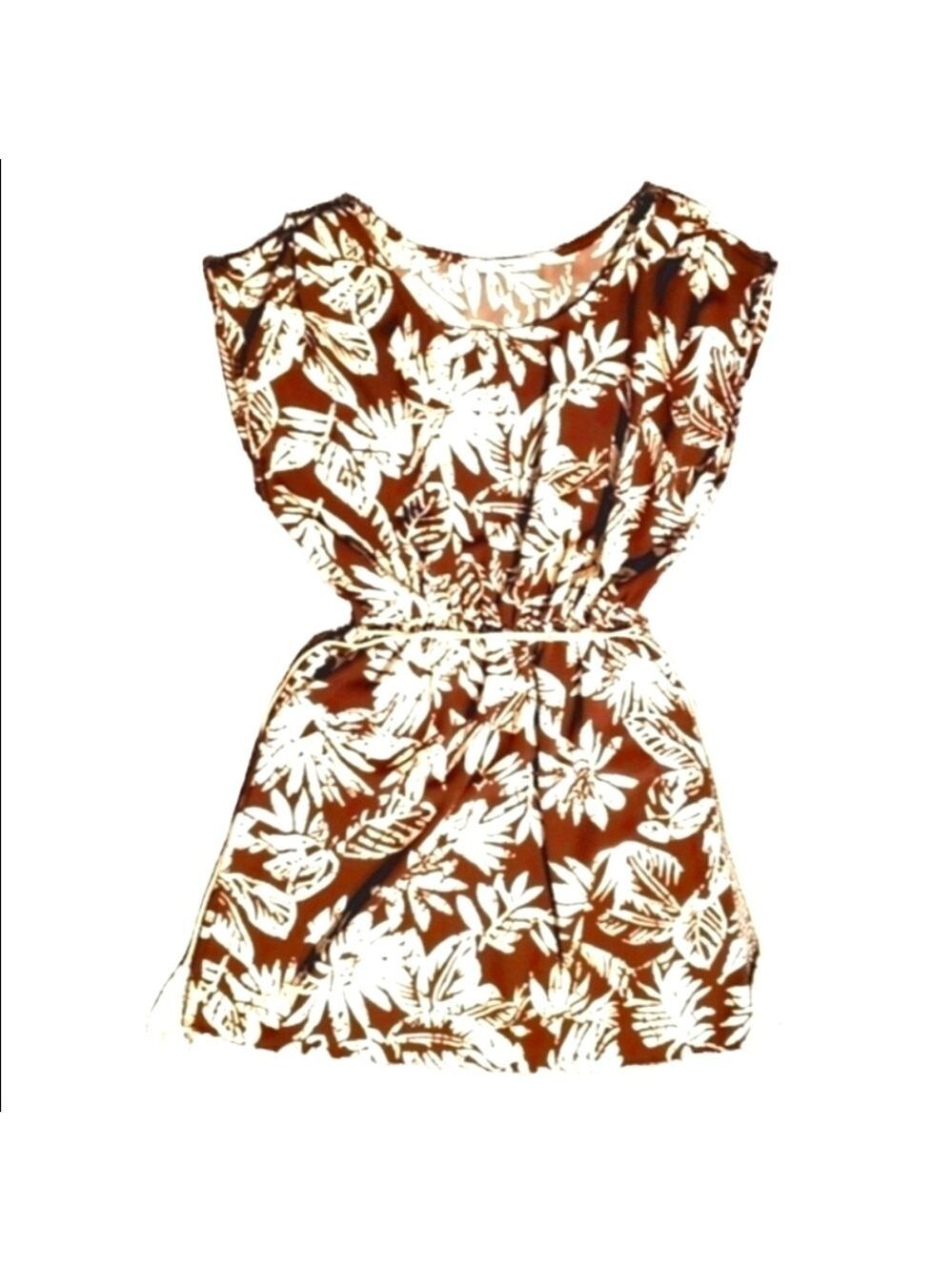 Papaya Boho Tropical Leaf Print Mini Dress Sleeveless Rope Tie Waistline Small